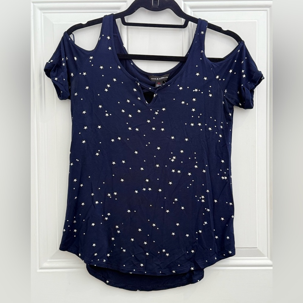 Rock & Republic Navy Blue White Galaxy Star Cold Shoulder Knit Top Small S
